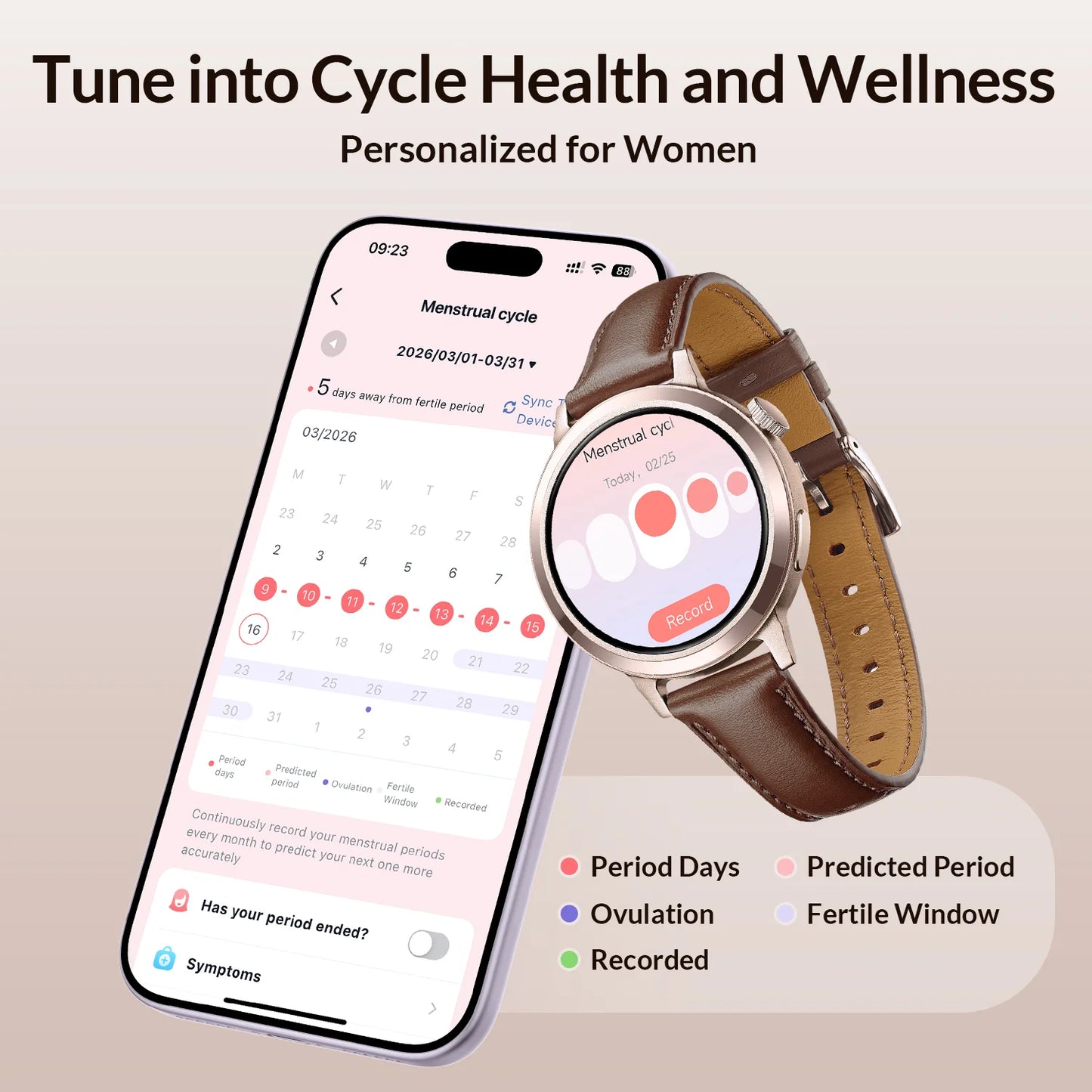 Woman using FANY Luna Classic Smartwatch to track menstrual cycle and health information.