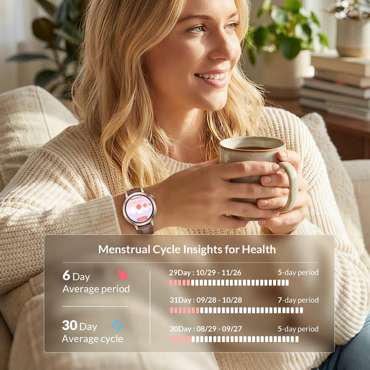 Woman using FANY Luna Classic Smartwatch to track menstrual cycle and health information.
