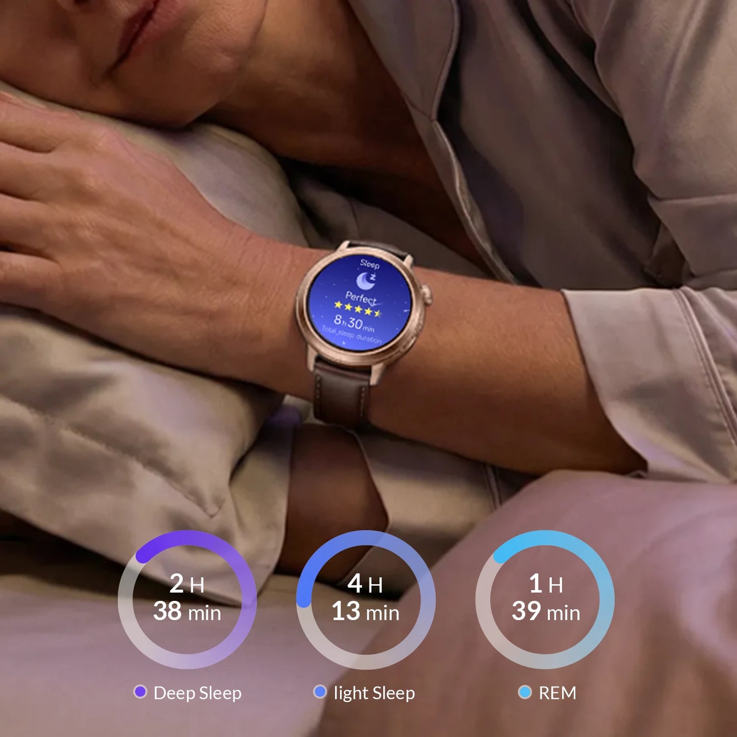 FANY Luna Classic Smartwatch displaying sleep metrics and quality score for enhanced energy and wellness.