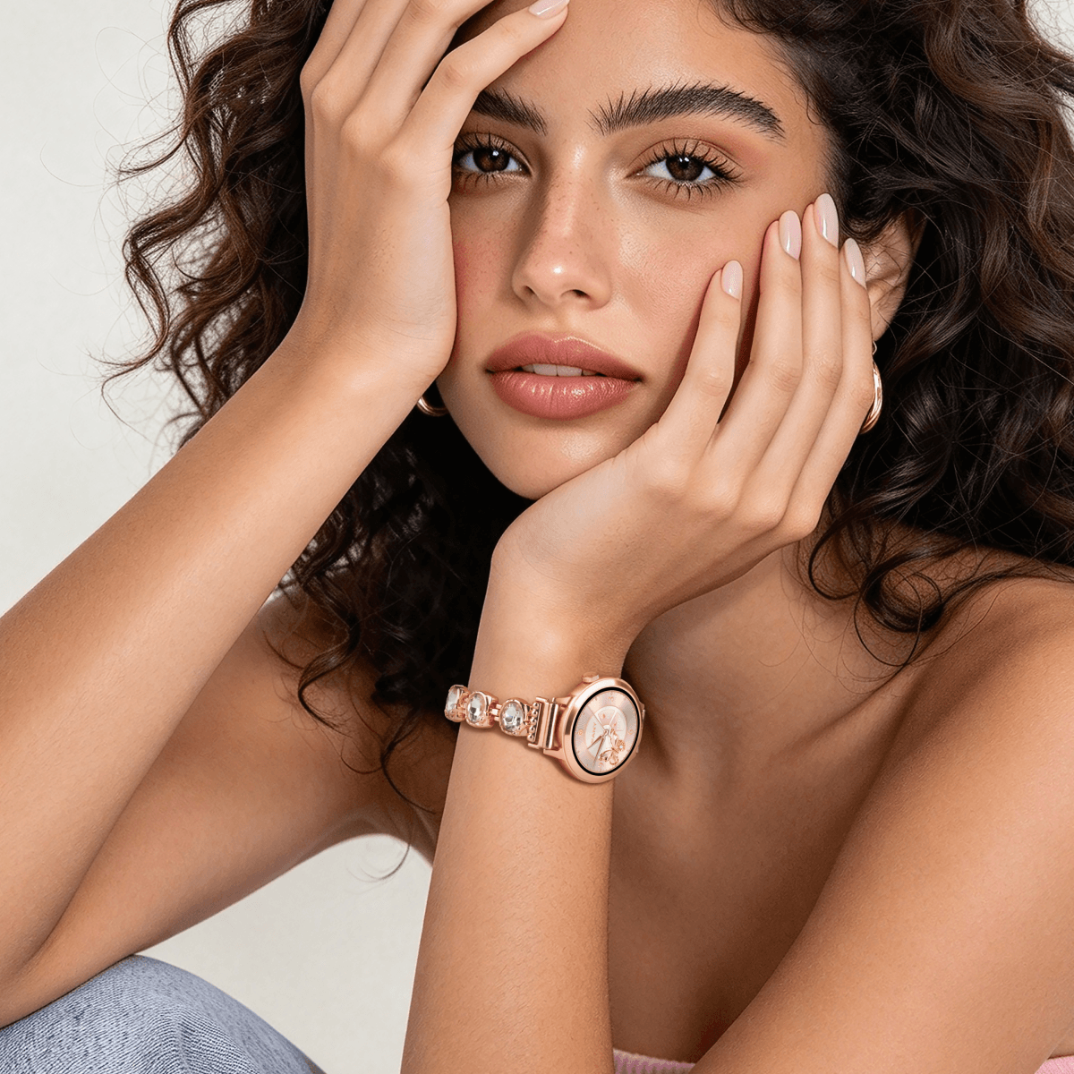 Meow Crystal Bracelet Watch Band worn by a model, featuring a 16 mm Quick Release Leather Band for stylish convenience.