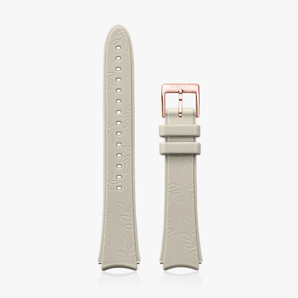 16 mm Quick Release Leather Band in light gray with floral design and rose gold buckle.