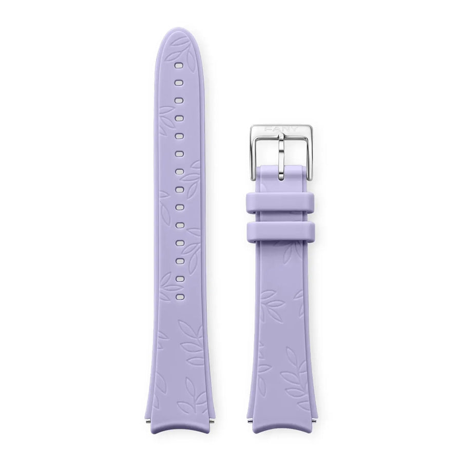 16 mm Quick Release Leather Band in lavender silicone with leaf design and metal buckle.