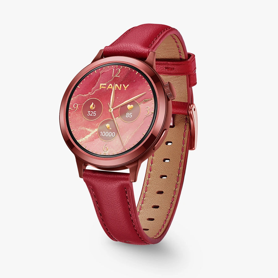 FANY Luna Classic Smartwatch in red leather, awarded for stylish design for women.
