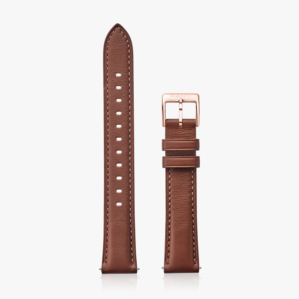 16 mm Quick Release Leather Band in brown with silver buckle and adjustable holes for a perfect fit.